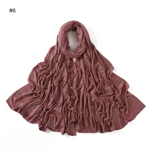 Stretchy modal cotton long hijab scarf with elegant rhinestone clover pattern for women daily wear.
