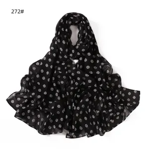 Black polka dot chiffon scarf for women, lightweight long draped floral scarf for daily wear.