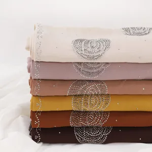 Women chiffon rhinestone long scarf stack elegant solid color shawl versatile hijab wrap