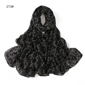 Black floral printed chiffon scarf, breathable and lightweight long scarf for women.