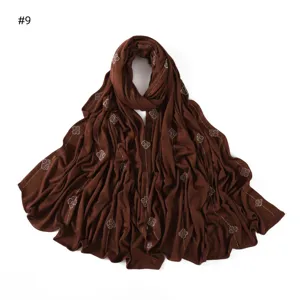 Brown mercerized cotton hijab scarf with rhinestone clover pattern for women daily wear