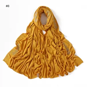 Yellow solid mercerized cotton hijab scarf with rhinestone flower details, soft and breathable.