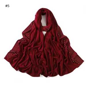 Burgundy rhinestone jersey hijab scarf for women, breathable cotton long wrap with crystals.