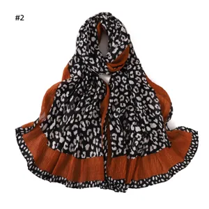 Vintage leopard print pleated long scarf for women, soft breathable fashion shawl and hijab.