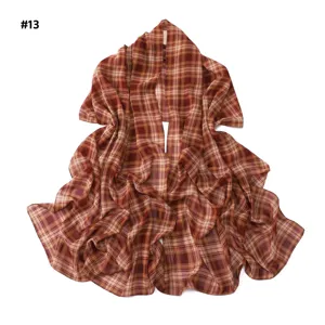 Retro plaid chiffon long scarf for women, elegant lightweight shawl and neckerchief.