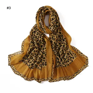 Retro leopard print pleated long scarf for women, soft breathable fashion shawl headwrap.