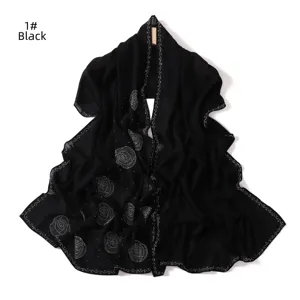Black chiffon rhinestone long scarf shawl with sparkling spiral rose patterns and elegant draped design.