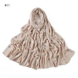 Solid Color Mercerized Cotton Clover Rhinestone Jersey Long Scarf Shawl Detail View