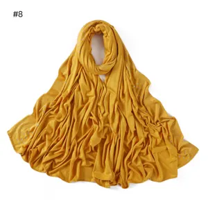 Solid color elastic mercerized cotton long hijab scarf with side white rhinestones breathable.