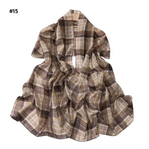 Detail view of retro plaid chiffon long scarf, lightweight breathable fabric, elegant pattern.