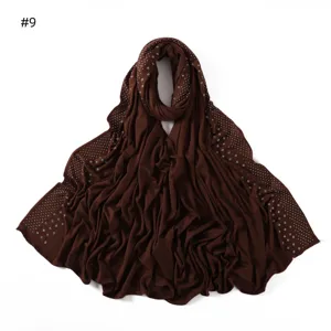 Solid color elastic mercerized cotton long jersey hijab scarf with rhinestones #9