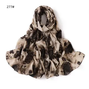 Elegant floral chiffon scarf with rose print, breathable long drape wrap for women 277#