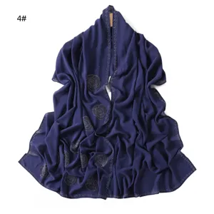 Dark blue chiffon rhinestone long scarf shawl elegant draped hijab women wrap accessory