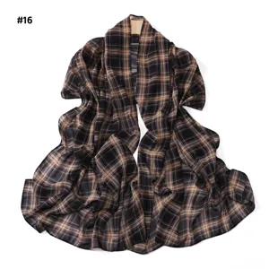 Vintage plaid chiffon scarf for women, elegant retro check shawl and long headwrap.