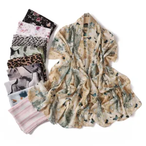 Écharpe en Mousseline pour Femme Longue Légère Imprimé Floral Léopard Tour de Tête Doux Respirant Foulard Accessoire Mode