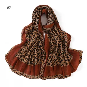 Vintage leopard print pleated long scarf women breathable soft fashion shawl wrap hijab