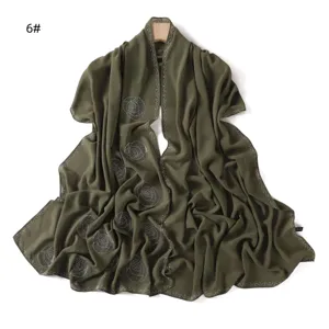 Elegant olive green chiffon long scarf shawl with sparkling rhinestone circular patterns for women.