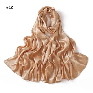Champagne gold satin jacquard long scarf, elegant soft silk feel drape shawl for women.