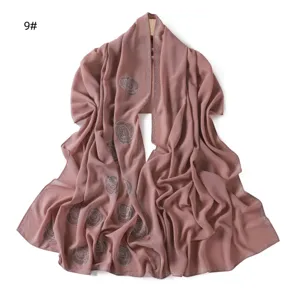 Women chiffon shawl scarf with rhinestone rose pattern elegant solid color long wrap hijab