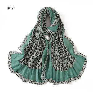 Green leopard print pleated scarf for women, retro long wrap shawl and lightweight turban.