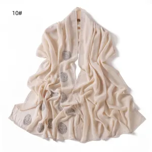 Chiffon rhinestone long scarf detail, elegant draped shawl with sparkling crystal rose patterns.