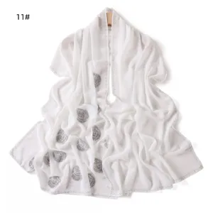 High-quality draped white chiffon long scarf shawl with elegant rhinestone rose patterns for women.