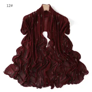 Details of the wine red rhinestone mesh scarf, soft draped breathable lightweight shawl.
