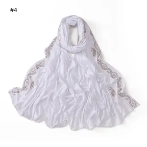 White modal cotton long scarf with rhinestone paisley wave border, elegant and breathable.