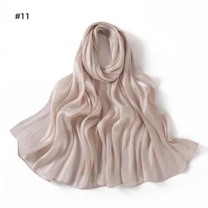 Elegant solid color wrinkled shiny satin long scarf for women, soft draped summer hijab shawl.
