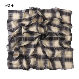 Vintage plaid chiffon square scarf for women, elegant black and beige neckerchief and head wrap.