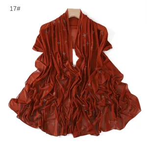 Rust red mesh scarf with rhinestone star details, sheer breathable shawl for women.