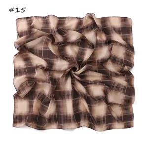 Retro brown plaid print chiffon square scarf, elegant lightweight neckerchief for women.