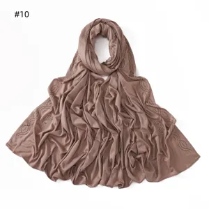 Rhinestone paisley jersey hijab detail, breathable mercerized cotton long scarf taupe.
