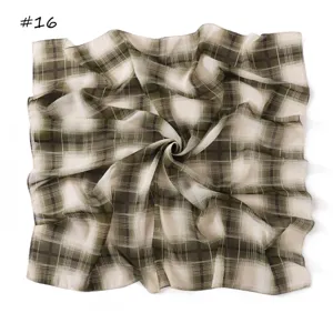Retro green plaid chiffon square scarf, elegant neckerchief and sun protection shawl.