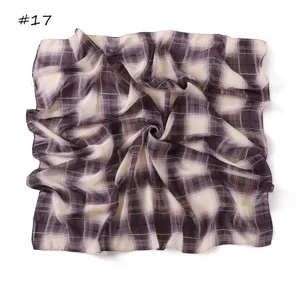 Vintage purple grid print chiffon square scarf detailed view, elegant women scarf accessory.