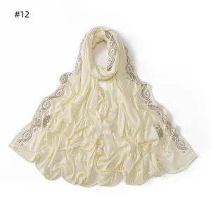 Detailed view of the rhinestone embellished wave edge mercerized cotton scarf hijab.