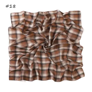 Brown plaid chiffon square scarf, vintage neckerchief detail, stylish hair wrap accessory.