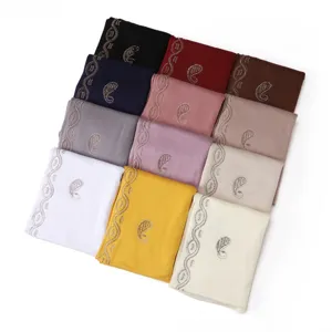 Mercerized cotton rhinestone paisley headscarf long hijab shawl breathable comfortable scarf