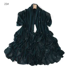 Dark green sheer mesh long scarf with rhinestone star details, lightweight draped shawl.