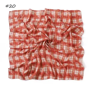 Vintage red white plaid chiffon square scarf, chic fashion women headscarf neckerchief.