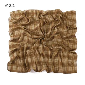 Vintage plaid chiffon square scarf, lightweight brown fashion headscarf for women.