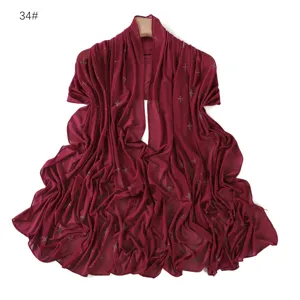 Wine red mesh long scarf rhinestone cross shawl breathable lightweight women hijab wrap