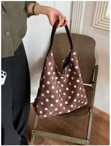 Brown suede polka dot shoulder bag, vintage casual large capacity tote handbag exquisite detail.