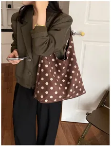 Suede polka dot tote bag for women, large capacity retro single shoulder handbag daily commute.