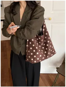 Suede polka dot shoulder tote bag, retro casual large capacity handbag for women autumn daily use.
