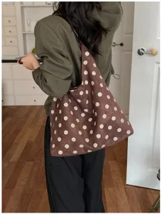 Brown suede polka dot shoulder bag, retro hobo tote bag for women, stylish autumn daily use.