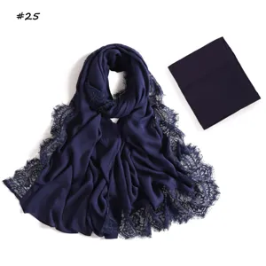 Navy modal lace long scarf and matching tube cap detail shot showing fine lace trim and soft fabric.