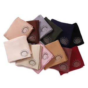 Women Mercerized Cotton Scarf Long Shawl Breathable Hijab With Hot Fix Rhinestone Fireworks Pattern Wrap