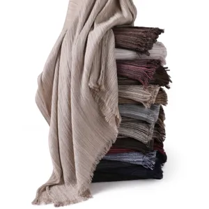 Vintage crinkled cotton linen long scarf shawl with fringe edge multi-color soft warm wrap