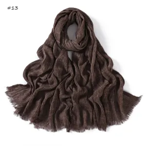 Women vintage solid color crinkled slub cotton long scarf with frayed edges autumn winter